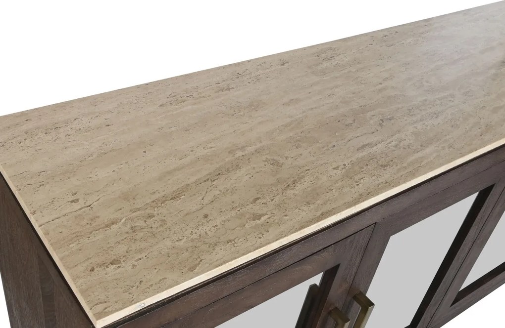 Bufet living eclectic din lemn de mango, maro, cu 4 uși vitrate, blat din travertin și mânere din metal auriu, 85 x 180 x 40 cm, „Aveline”