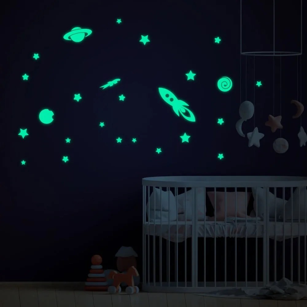 Set autocolante fosforescente de perete Ambiance Rocket Stars and Planets