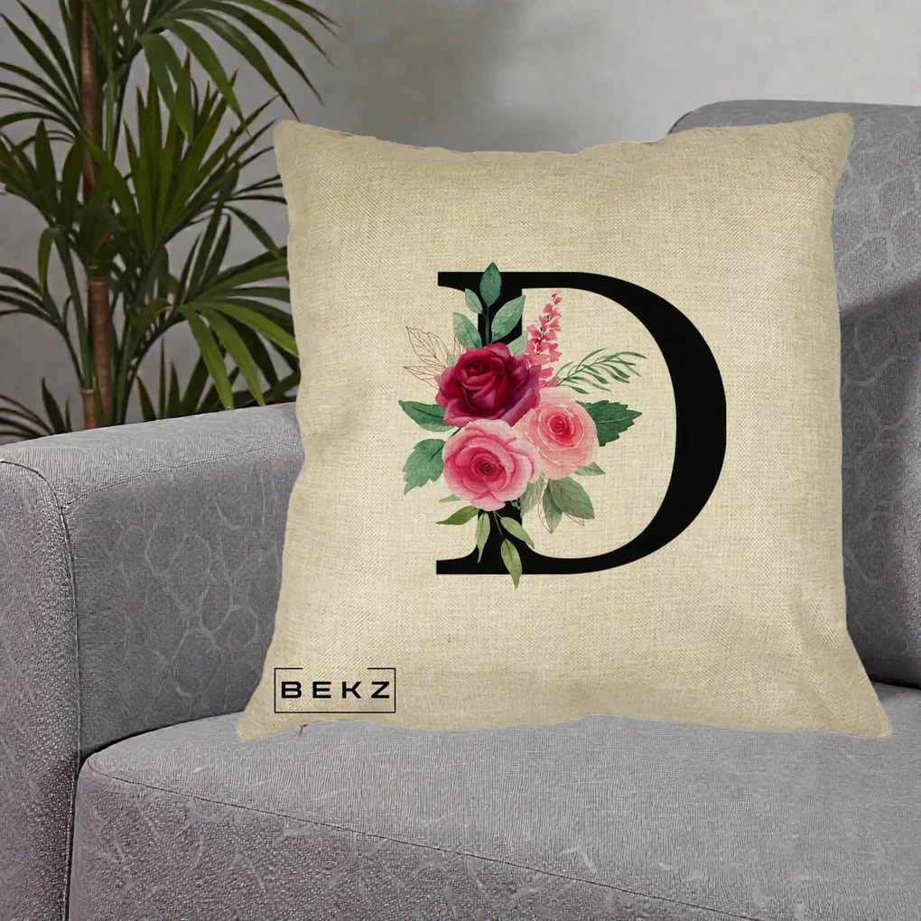 Cadou Personalizat - Perna Personalizata Monograma Florala Litera D, 40x40 cm, Crem, Husa Detasabila, Perna Inclusa, BEKZ®