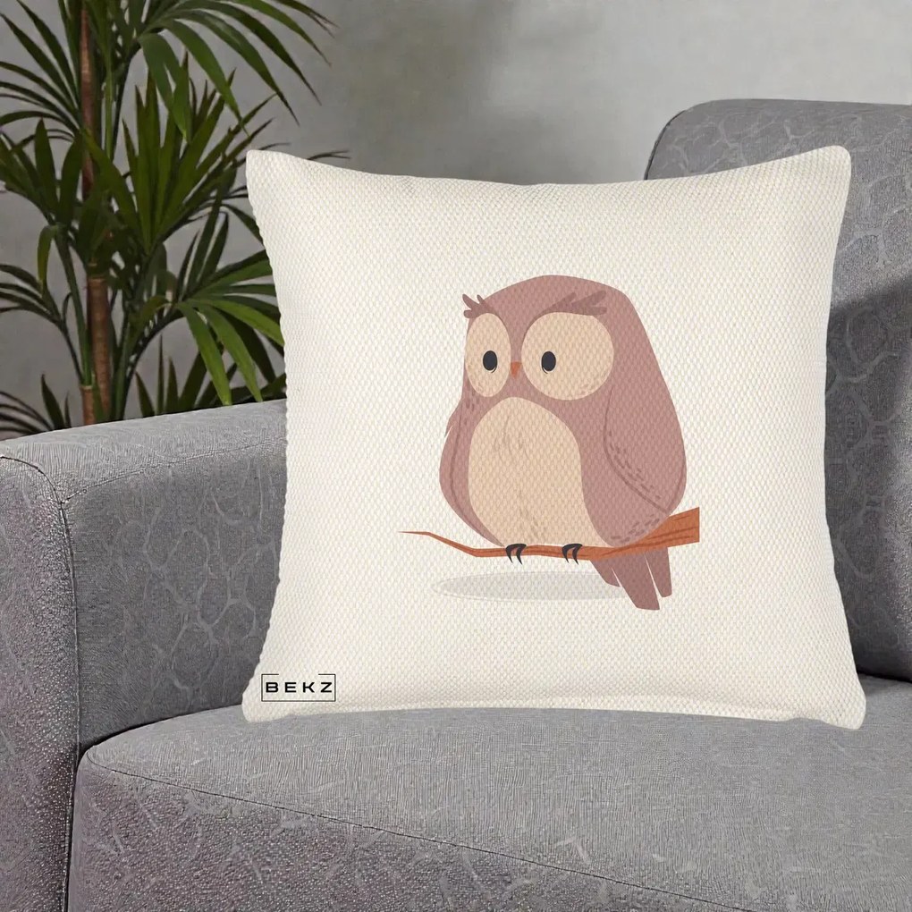 Perna Decorativa Bufnita Kawaii pe Creanga, 40x40 cm, Crem Reliefat, Husa Detasabila, Perna Inclusa, BEKZ®