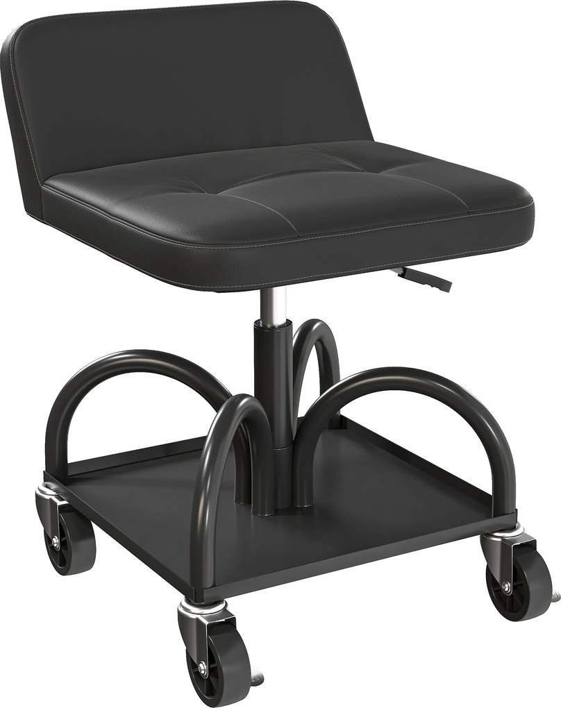 HOMCOM Scaun de atelier cu roți spațiu depozitare, 58,5 cm înălțime, scaun rulant până la 135 kg Negru | Aosom Romania
