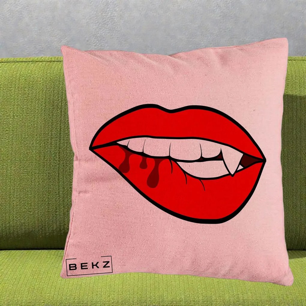 Perna Decorativa Vampire Lips Halloween, 40x40 cm, Roz, Husa Detasabila, Perna Inclusa, BEKZ®
