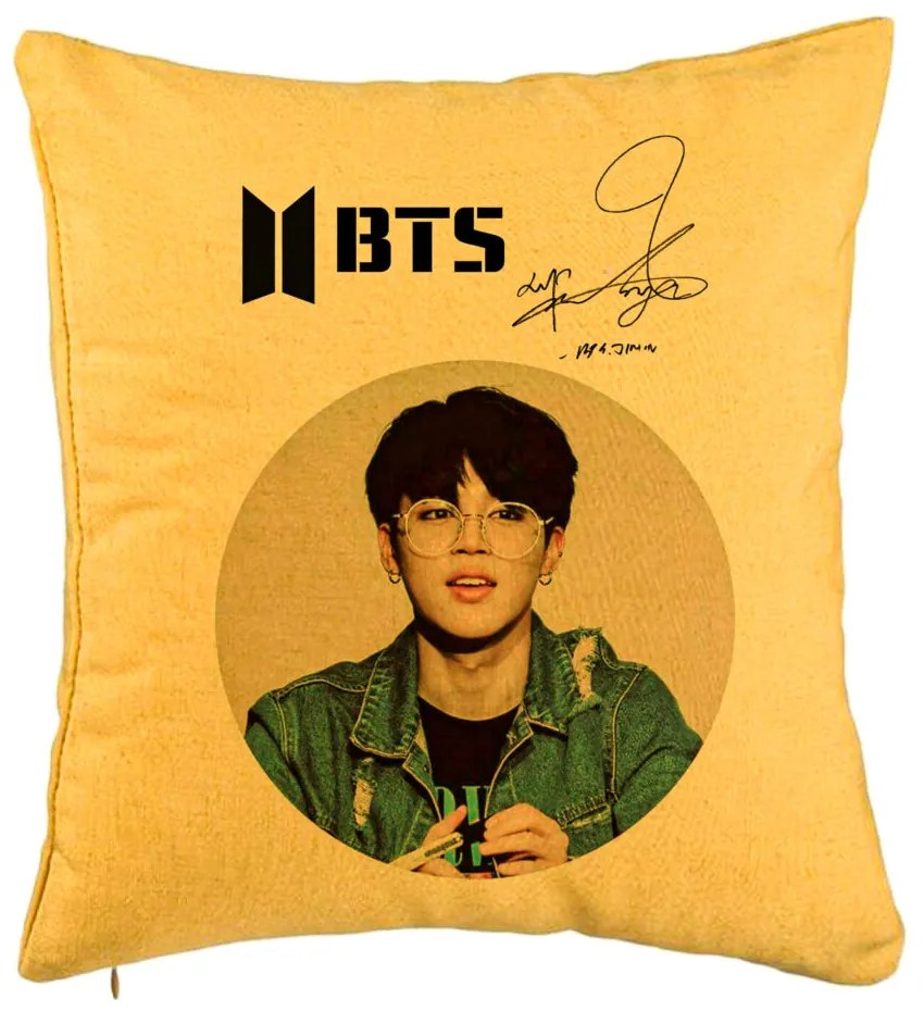 Perna Decorativa BTS Jimin, 40x40 cm, Galben, Husa Detasabila, Burduf