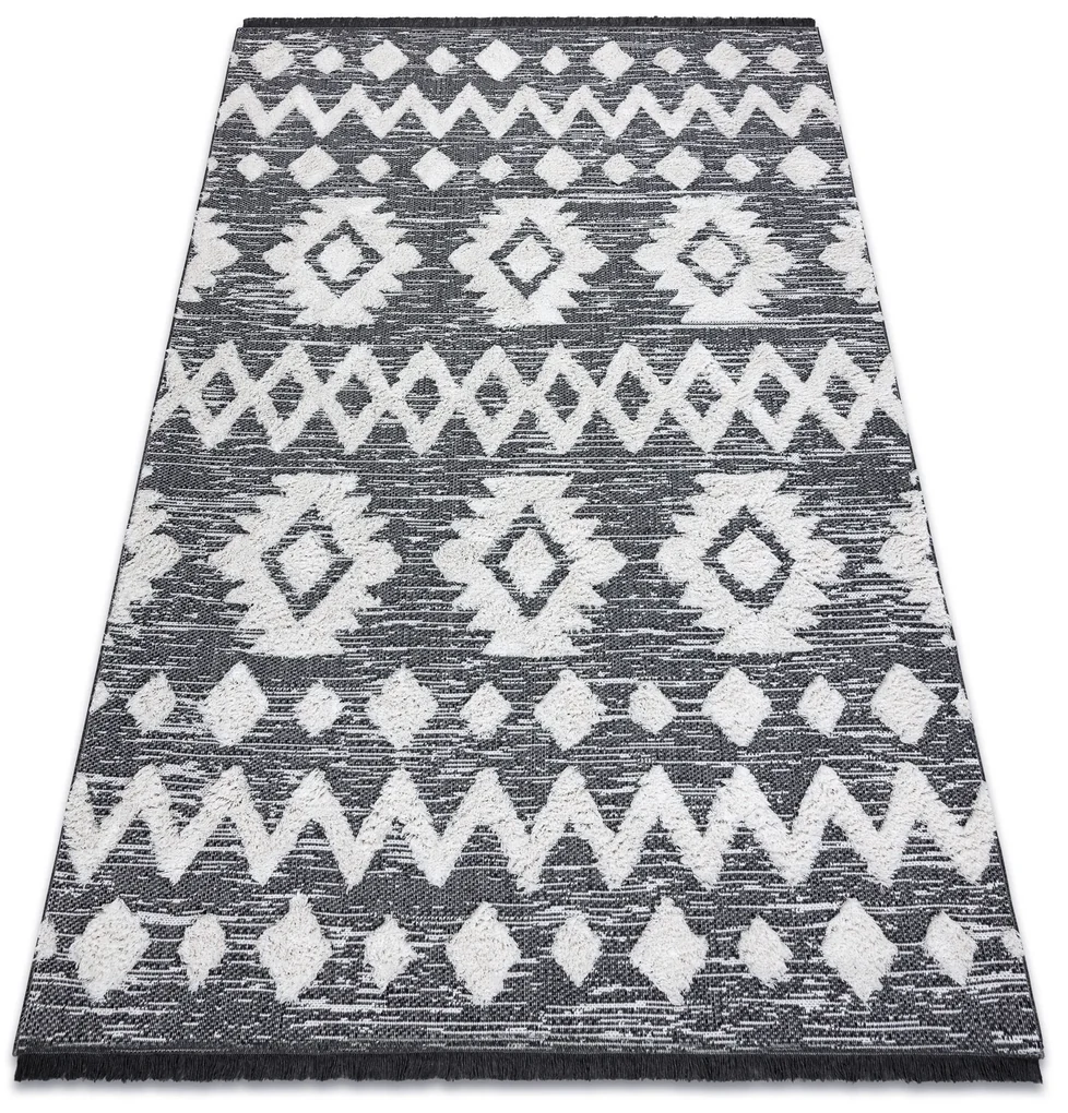 Covor ECO SISAL BOHO MOROC Etno Zig zag 22319 franjuri - două niveluri de lână gri / cremă, covor reciclat