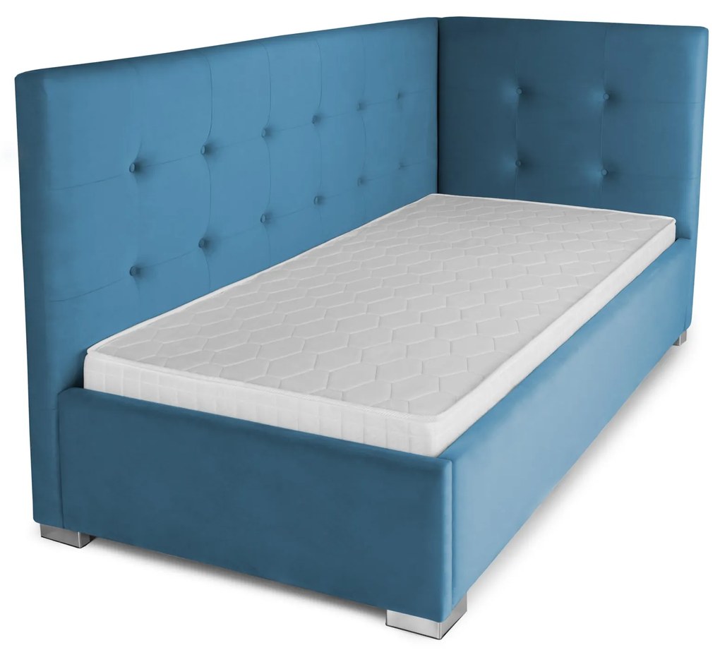 Pat Tapițat Lille de colț, cu somieră rabatabilă și ladă depozitare, Swing-Albastru / Stanga / 120x200