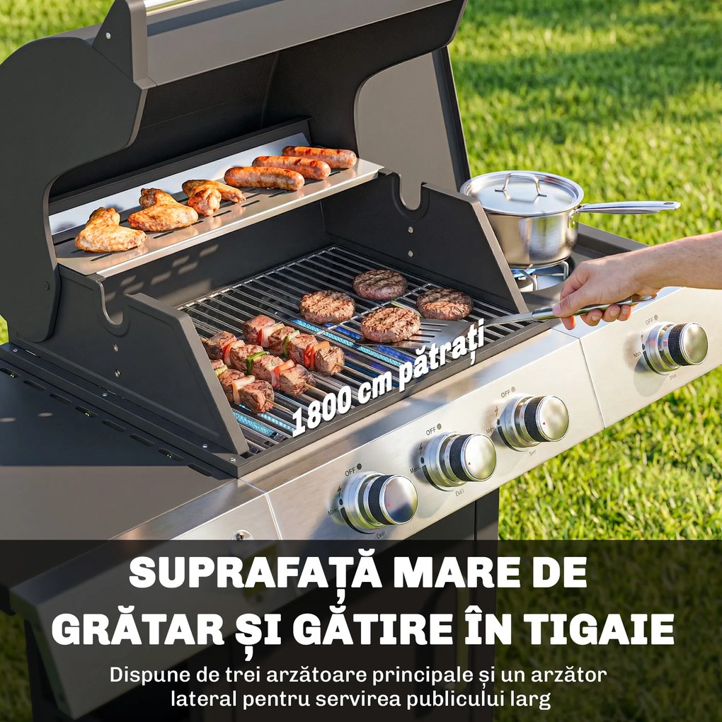 Outsunny Grătar pe Gaz, 3 Arzătoare, Arzător Lateral, Grătare din Fontă, Rafturi Laterale Incluse. | Aosom Romania