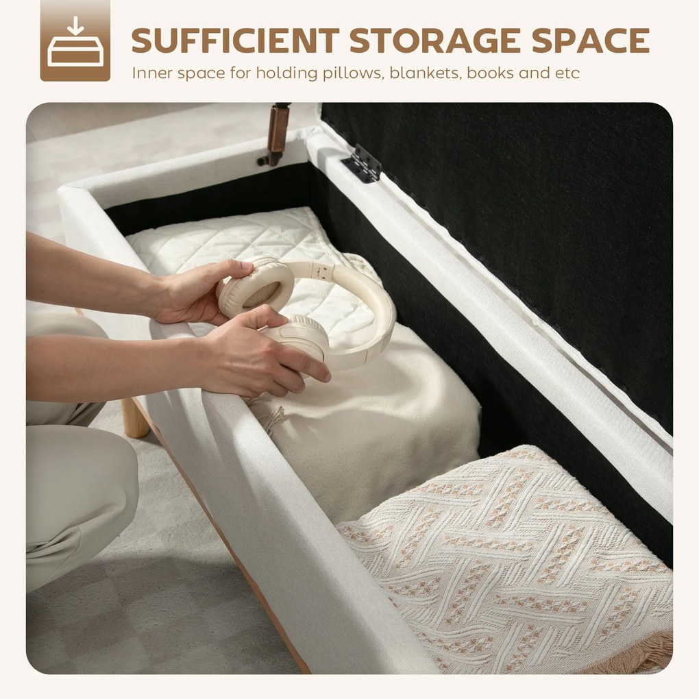 HOMCOM Taburet depozitare 80L, material textil, picioare lemn, 118x42x45 cm, crem | Aosom Romania