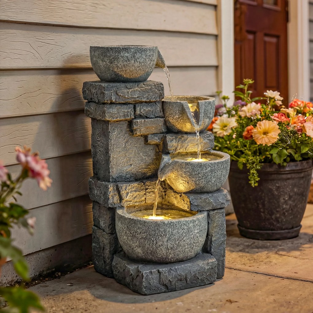 Outsunny Fântână de grădină Cascadă 4 niveluri Decorațiune efect piatră și cărămidă cu iluminare LED 28 x 25 x 54,5 cm Gri | Aosom Romania