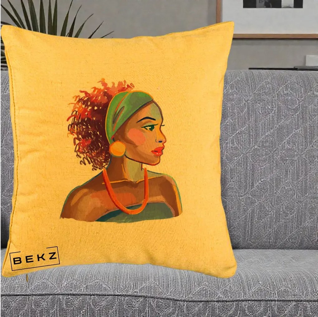 Perna Decorativa Portret Femeie Urbana Acuarela, 40x40 cm, Galben, Husa Detasabila, Perna Inclusa, BEKZ®