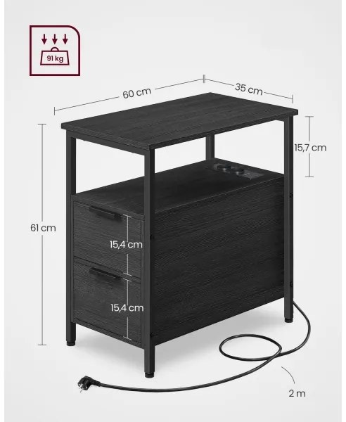 Masă laterală ROD, neagră, cu prize și porturi USB încorporate