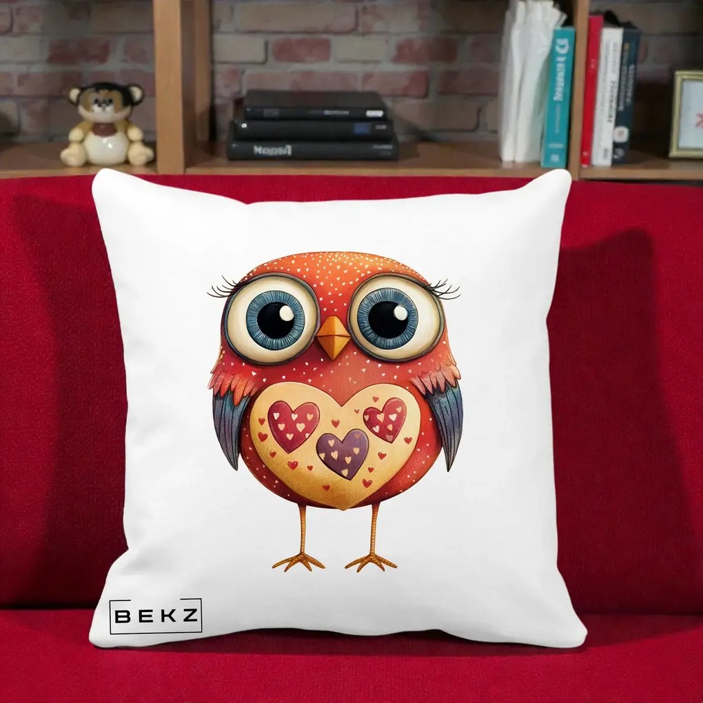 Perna Decorativa Bufnita Rosie cu Inimi Aurii, 40x40 cm, Alba Mata, Husa Detasabila, Perna Inclusa, BEKZ®