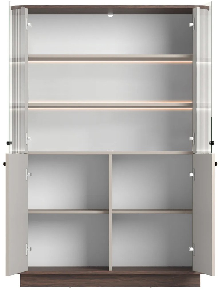 Vitrină Vesper 103 cm cu 4 uși - cașmir / nuc / mânere negre