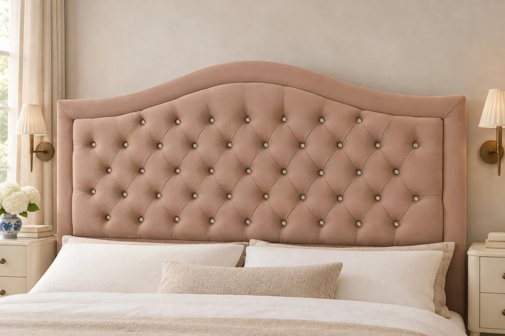 Pat tapițat Chesterfield din catifea Solaria Deluxe Cristal 120×200 cm, cappuccino, cu ladă de depozitare