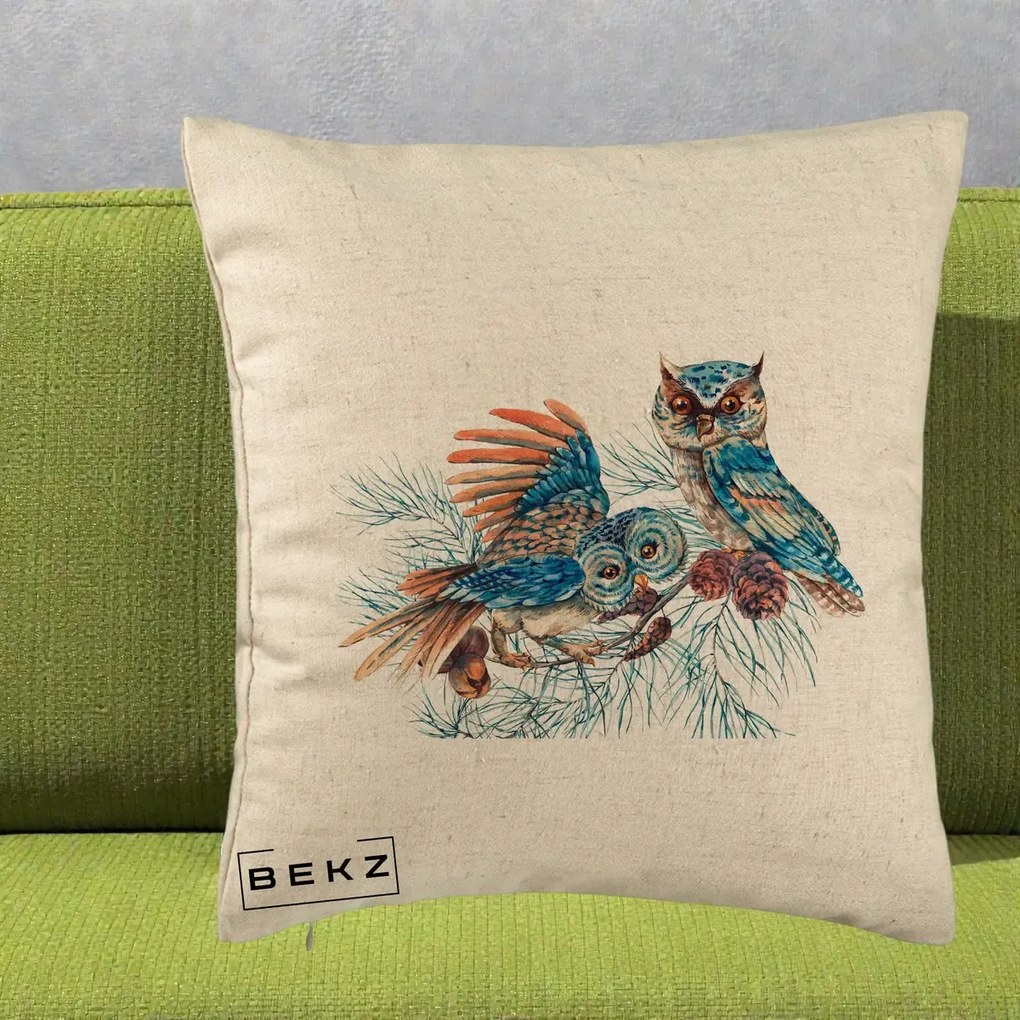 Perna Decorativa Bufnite de Iarna Albastre, 40x40 cm, Bej, Husa Detasabila, Perna Inclusa, BEKZ®