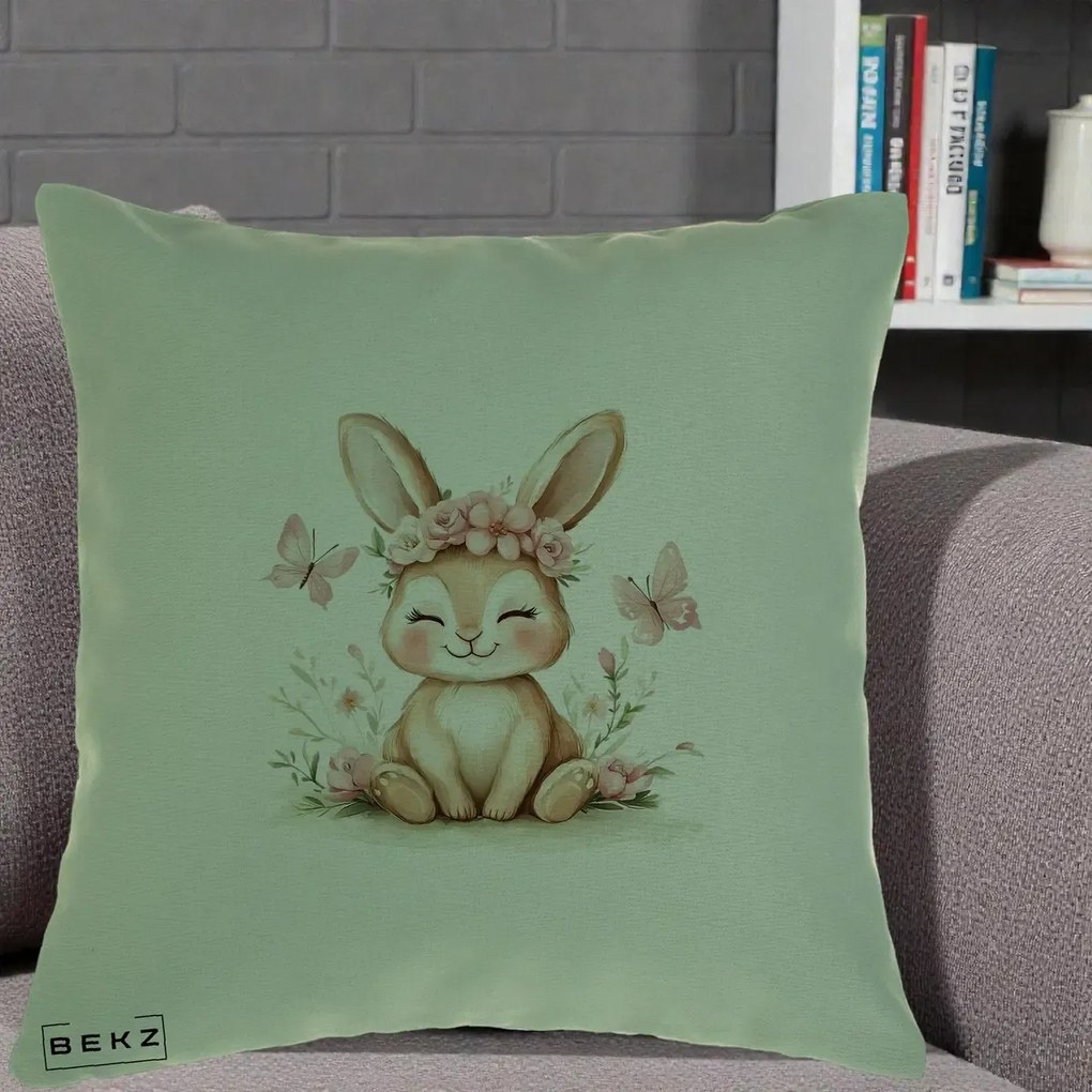 Perna Decorativa Iepuras cu Coronita Florala Roz, 40x40 cm, Verde, Husa Detasabila, Perna Inclusa, BEKZ®