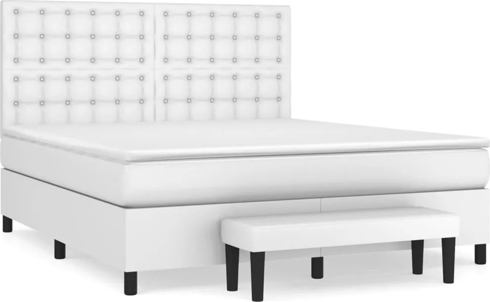 vidaXL Pat box spring cu saltea, alb, 160x200 cm, piele ecologică