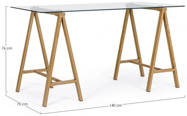 Birou de studiu transparent/hicori natur din sticla temperata si metal, 140 cm, Alchimia Bizzotto