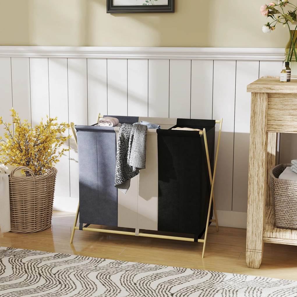 HOMCOM Coș de rufe pliabil 129L cu 3 compartimente și cadru X pentru dormitor, baie sau utilități. | Aosom Romania