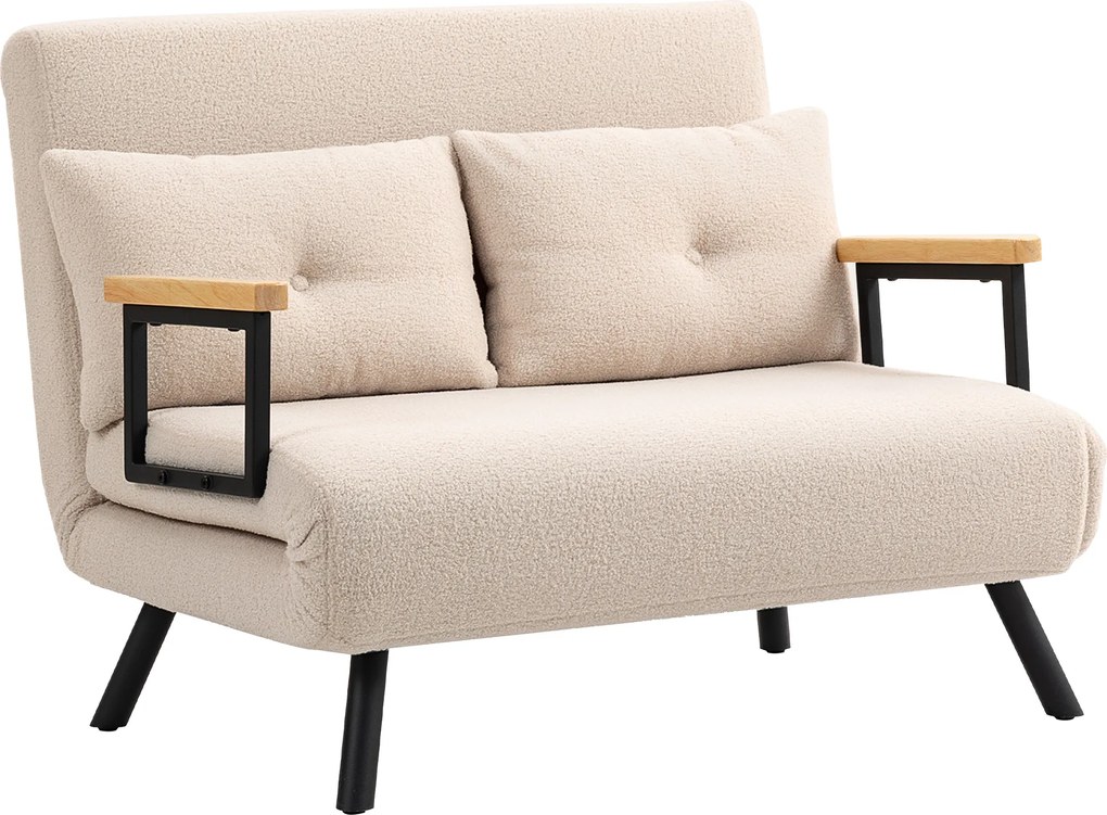 HOMCOM Canapea extensibilă canapea 2 locuri canapea din catifea, funcție de dormit, incl. 2 perne, aspect catifea, Natural + Bej + Negru | Aosom Romania