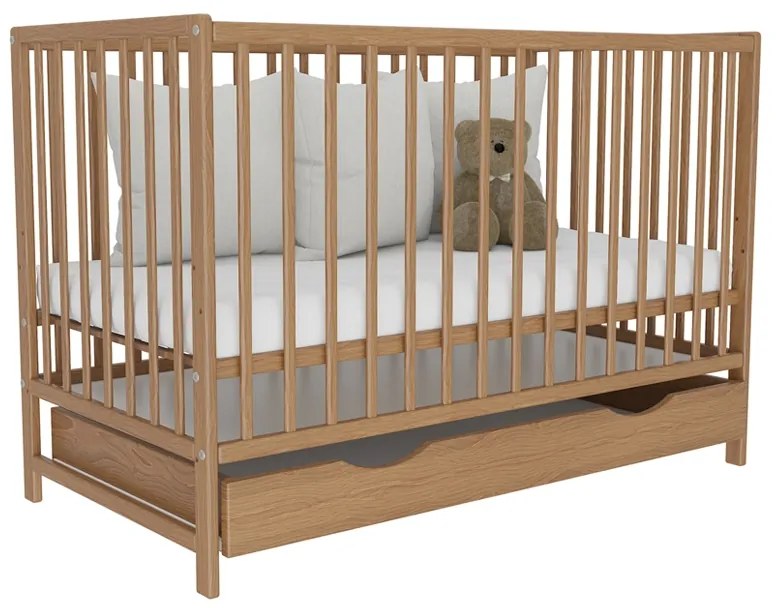 Patut din lemn masiv 120x60 cm Matilda cu sertar cu capac, somiera reglabila pe 3 nivele