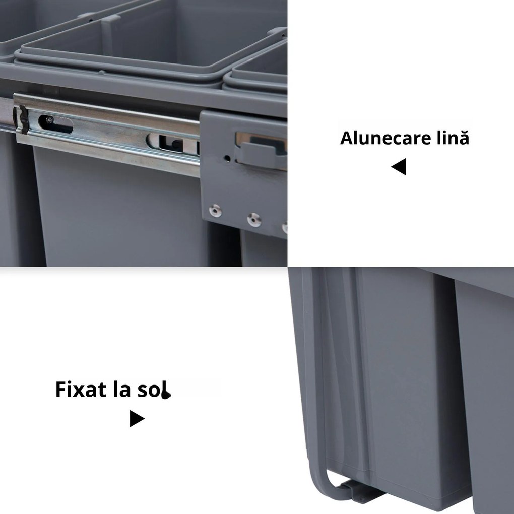 Homcom Cos Gunoi Ecologic 40L – 3 Compartimente Separate, Gri | Aosom Romania