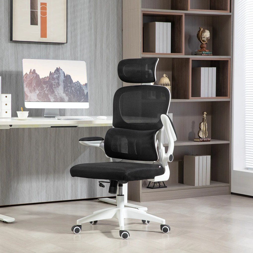 HOMCOM Scaun Birou cu Înălțime Reglabilă, Brațe Rabatabile și Tetieră, Scaun Ergonomic 62x61x112-120 cm, Negru | Aosom Romania