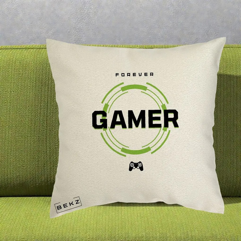 Perna Personalizata Forever Gamer, 40x40 cm, Ecru, Husa Detasabila, Perna Inclusa, BEKZ®