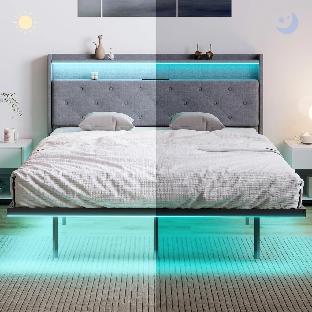 HOMCOM Cadru de pat 140 x 190 cm cu somieră din oțel, pat dublu plutitor cu lumini LED RGB și stație de încărcare, gri | Aosom Romania