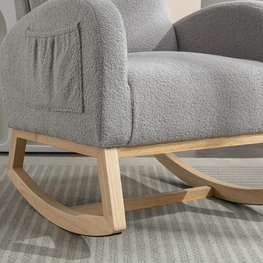 Scaun balansoar modern din material Teddy, cu șezut căptușit și buzunar lateral ascuns, pentru living și dormitor, 71x88x104,5 cm, Gri deschis