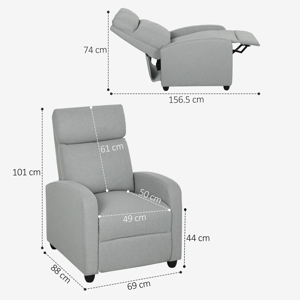 HOMCOM Fotoliu relaxant, reglabil 135°, suport extensibil pentru picioare, căptușeli, poliester de in, Gri deschis | Aosom Romania