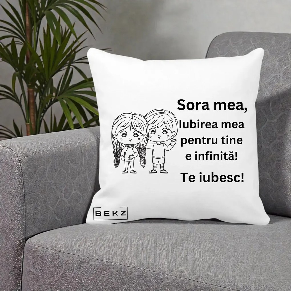 Cadou pentru Sora - Perna Personalizata Sora Mea Te Iubesc Copii Anime Line Art, 40x40 cm, Alba Mata, Husa Detasabila, Perna Inclusa, BEKZ®