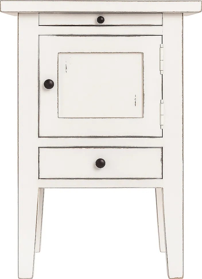Noptieră vintage din lemn de pin, alb, cu ușă și sertar, poliță extractibilă și picioare conice, 70 x 45 x 35 cm, „Persienne”