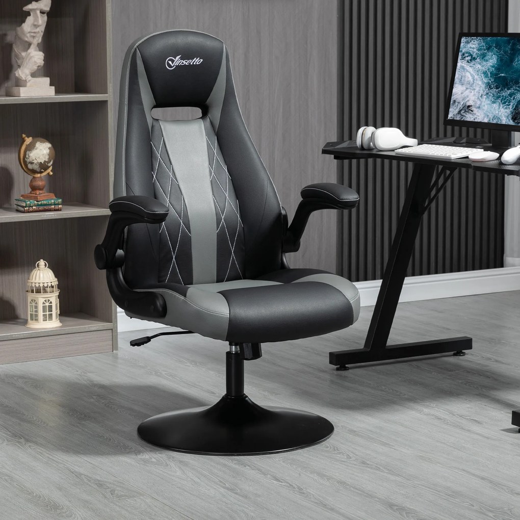 Vinsetto Scaun de gaming ergonomic cu bază rotundă din metal pivotantă 360° înălțime reglabilă pernă pentru gât brațe rabatabile PVC gri negru | Aosom Romania