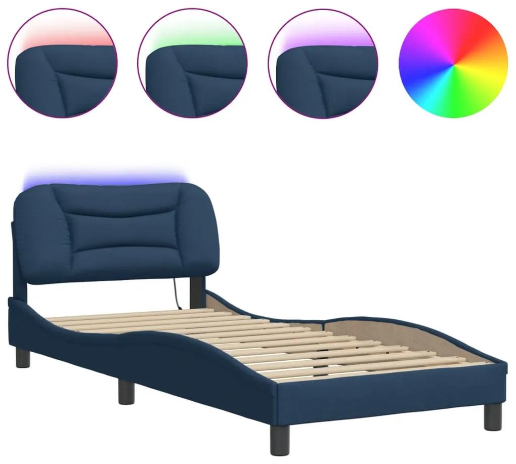 3213682 vidaXL Cadru de pat cu lumini LED, albastru, 90x200 cm, textil