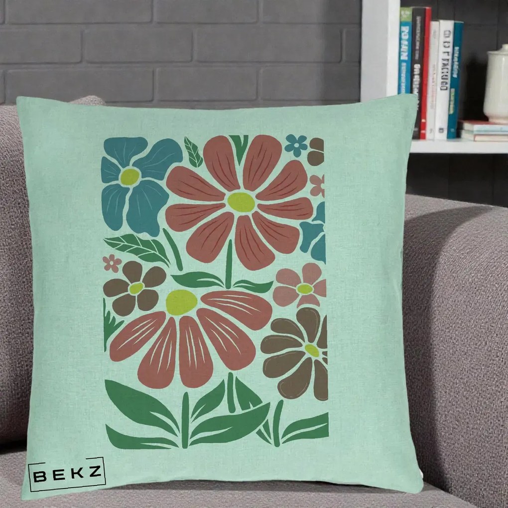 Perna Decorativa Flori Grafice Colorate Retro, 40x40 cm, Verde Menta, Husa Detasabila, Perna Inclusa, BEKZ®
