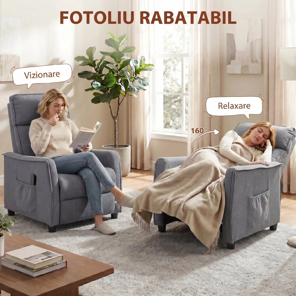 HOMCOM Fotoliu cu Masaj Reclinabil Manual, Material Tip In cu Telecomandă, Gri Deschis | Aosom Romania