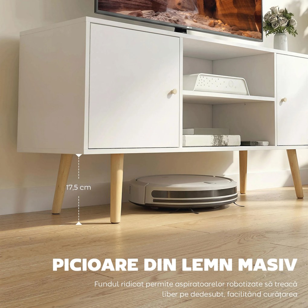 HOMCOM Cabinet TV 55" cu 2 Dulapuri, Uși și 2 Rafturi Deschise, Consolă TV din Lemn și PAL, 120x34x50 cm, Alb | Aosom Romania