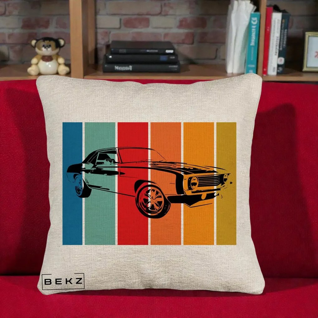 Perna Personalizata Masina Retro Muscle Car Grafic, 40x40 cm, Bej Canapea, Husa Detasabila, Perna Inclusa, BEKZ®