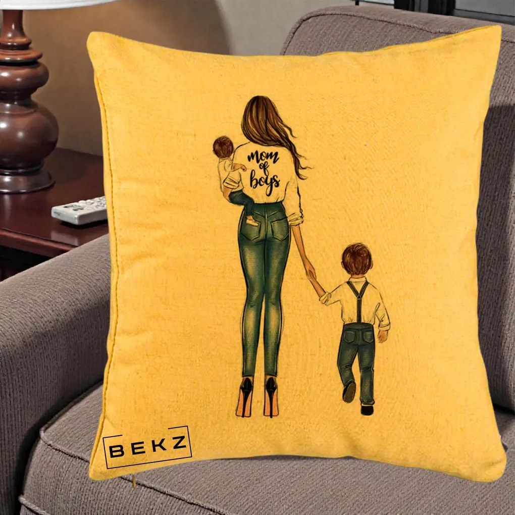 Cadou pentru Mama - Perna Personalizata Mom of Boys Mama cu Baietii, 40x40 cm, Galben, Husa Detasabila, Perna Inclusa, BEKZ®