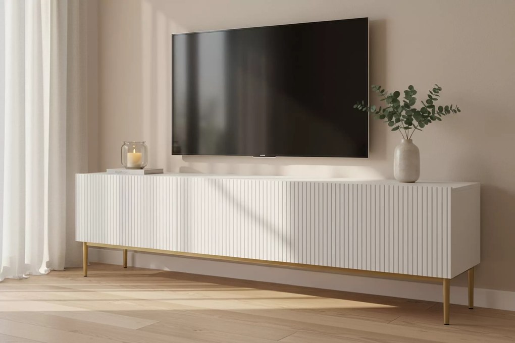 Comodă TV cu sertar Nicole 200 cm - alb mat / picioare aurii