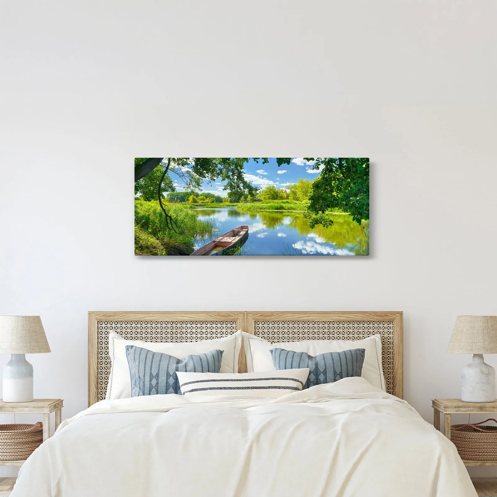 Tablou cu râu de vară și barcă (120x50 cm)