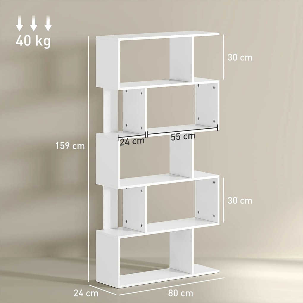 HOMCOM Bibliotecă Asimetrică în Formă de S cu 5 Niveluri și 10 Rafturi Deschise, 80x24x159 cm, Alb | Aosom Romania