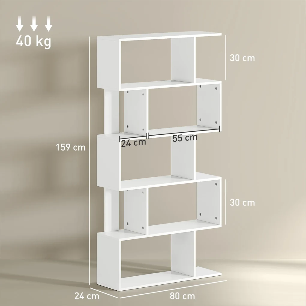 HOMCOM Bibliotecă Asimetrică în Formă de S cu 5 Niveluri și 10 Rafturi Deschise, 80x24x159 cm, Alb | Aosom Romania
