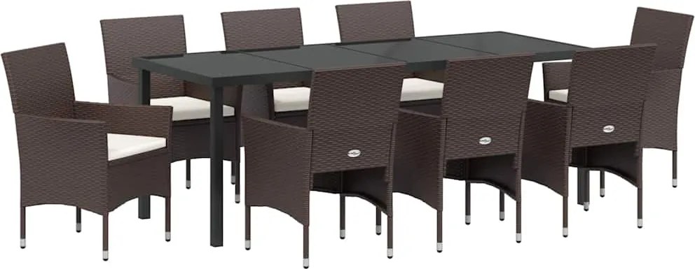 vidaXL Set de masă pentru grădină cu pernă 9 pcs Maro poliratan
