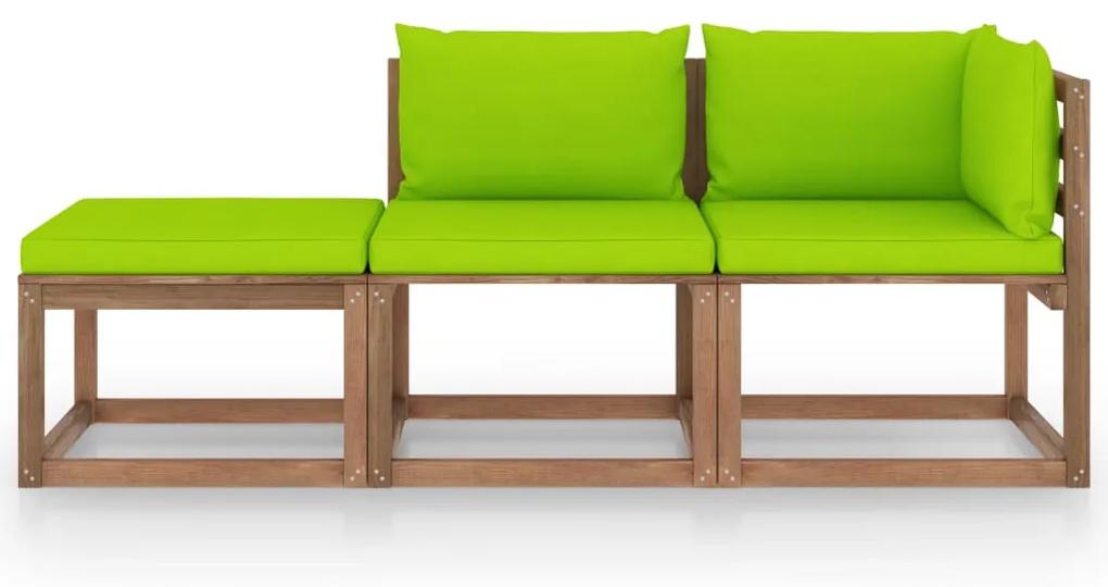 Set mobilier gradina paleti cu perne, 3 piese, lemn pin tratat verde aprins, colt + mijloc + suport pentru picioare, 1