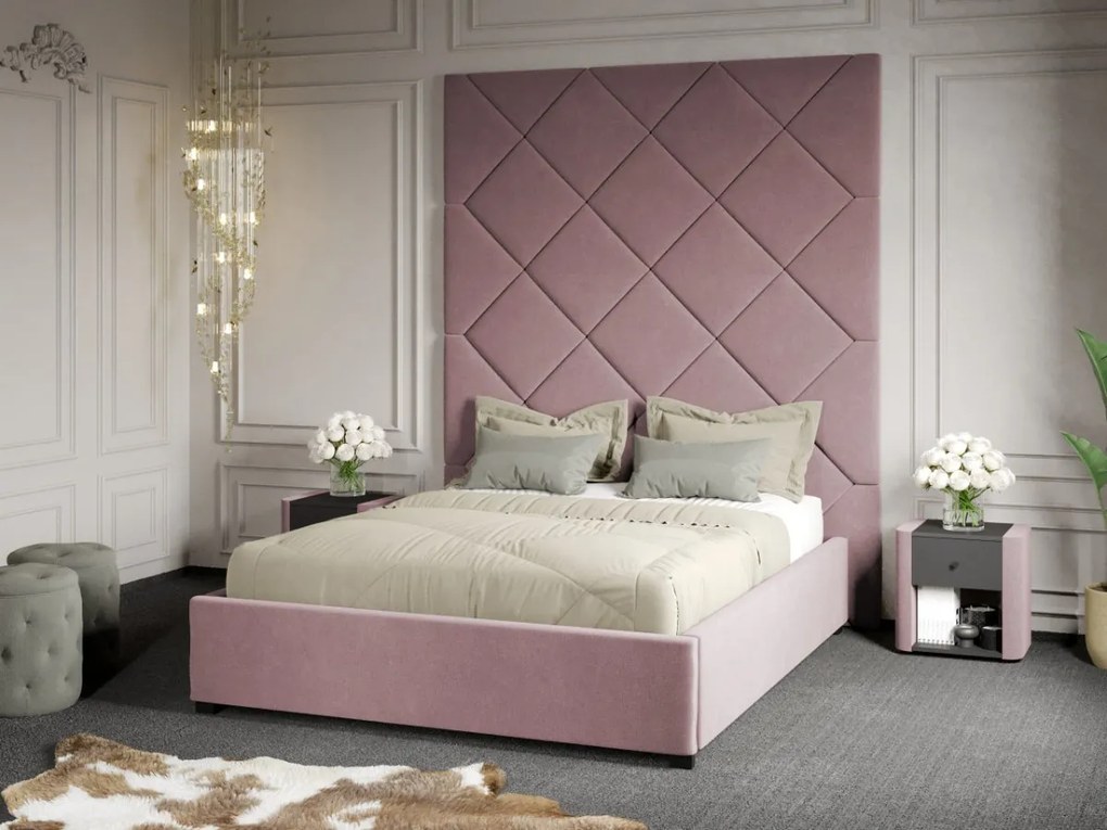 Pat Tapitat cu Panou 191x228 C1 Dubai cu somiera fixa Roz - Velluto 14 140x200
