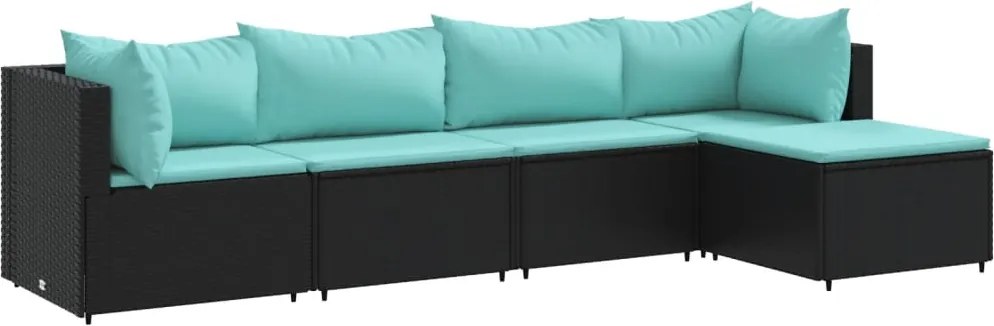 vidaXL Set șezlonguri de grădină, 5 piese, cu perne, negru, poliratan