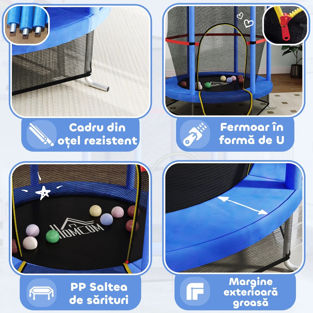 HOMCOM Saltea Elastică pentru Copii 3-6 Ani cu Plasă de Protecție, 6 Stâlpi și 3 Intrări, Ø140x190 cm, Albastru | Aosom Romania