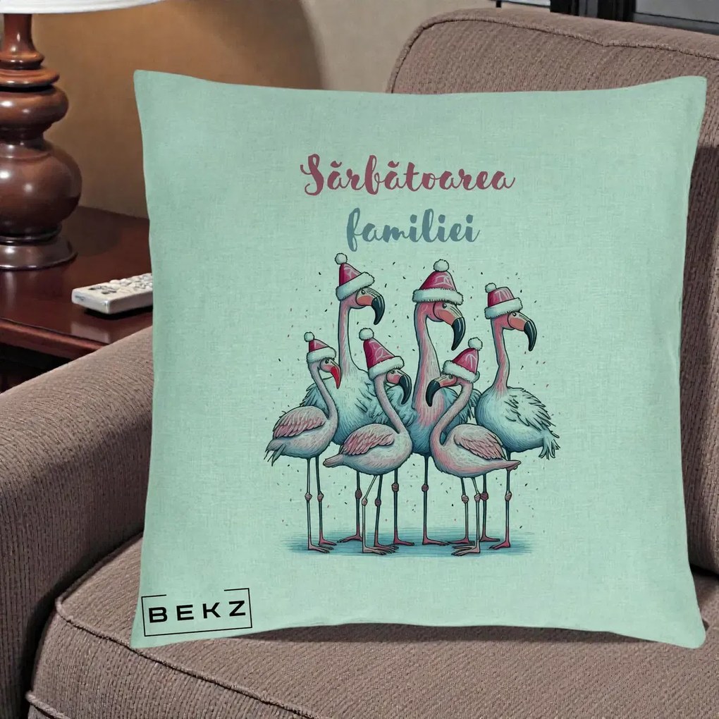 Perna Decorativa Flamingo Craciun Sarbatoarea Familiei, 40x40 cm, Verde Menta, Husa Detasabila, Perna Inclusa, BEKZ®