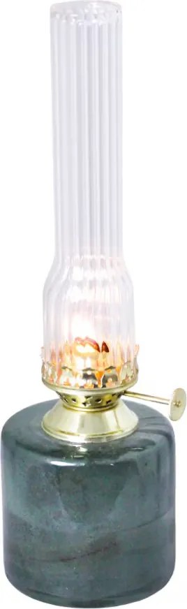 Lampă cu petrol din sticlă reciclată cu model în relief, verde, arzător din alamă, mică, Ø 8 x H 25 cm, „Elvira"